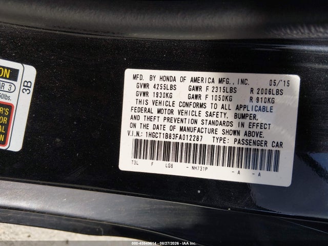 Продаж на аукціоні авто 2015 Honda Accord Ex-l, vin: 1HGCT1B83FA012287, номер лоту: 45949614