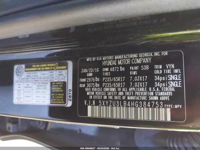 45949627 :رقم المزاد ، 5XYZU3LB4HG384753 vin ، 2017 Hyundai Santa Fe Sport 2.4l مزاد بيع