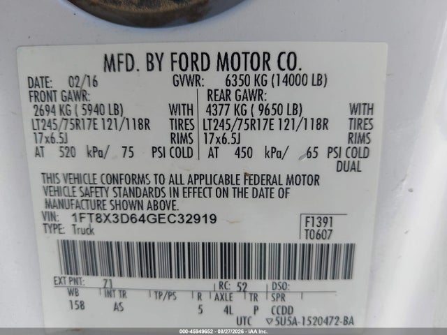 45949652 :رقم المزاد ، 1FT8X3D64GEC32919 vin ، 2016 Ford F-350 Xl مزاد بيع