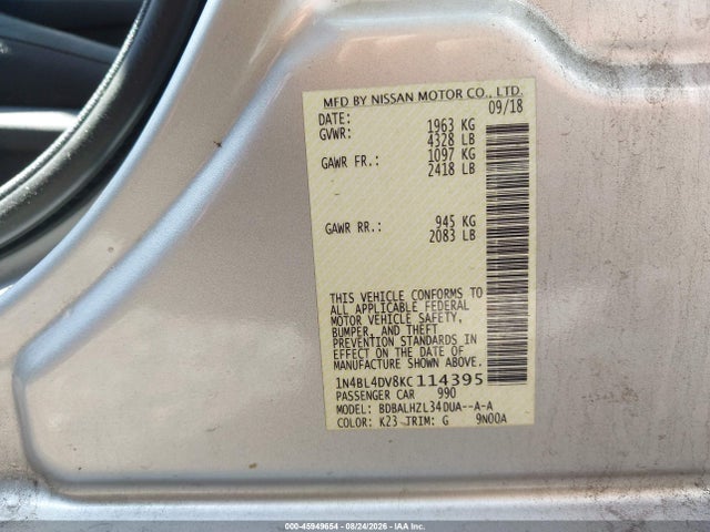 Aukcja sprzedaży 2019 Nissan Altima 2.5 Sv, vin: 1N4BL4DV8KC114395, numer aukcji: 45949654