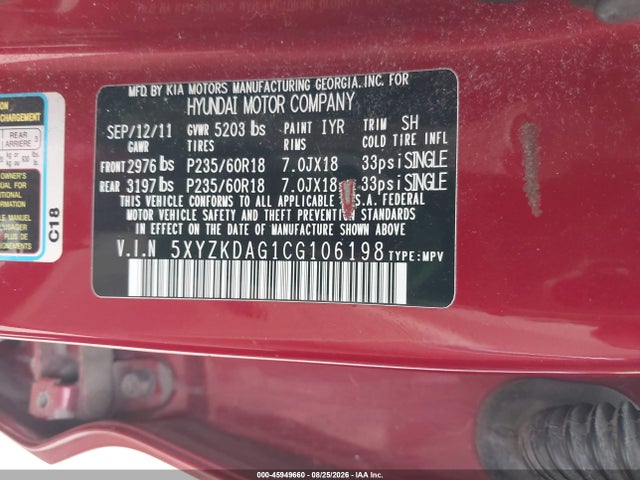 2012 Hyundai Santa Fe Limited V6 მანქანა იყიდება აუქციონზე, vin: 5XYZKDAG1CG106198, აუქციონის ნომერი: 45949660