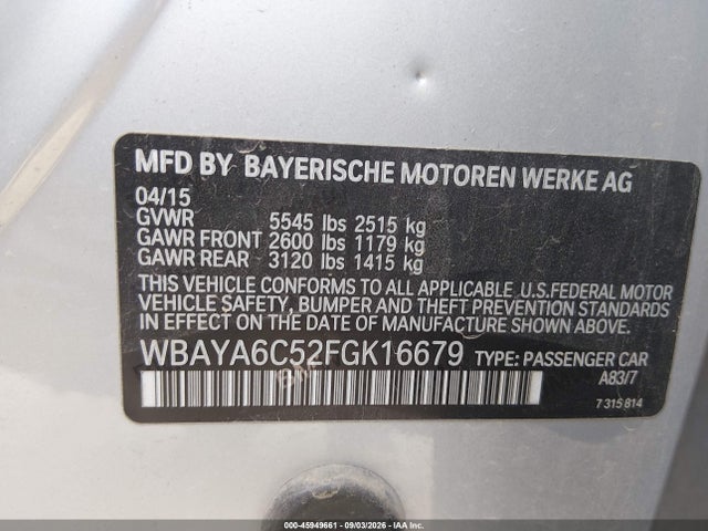 Продаж на аукціоні авто 2015 Bmw 740i, vin: WBAYA6C52FGK16679, номер лоту: 45949661