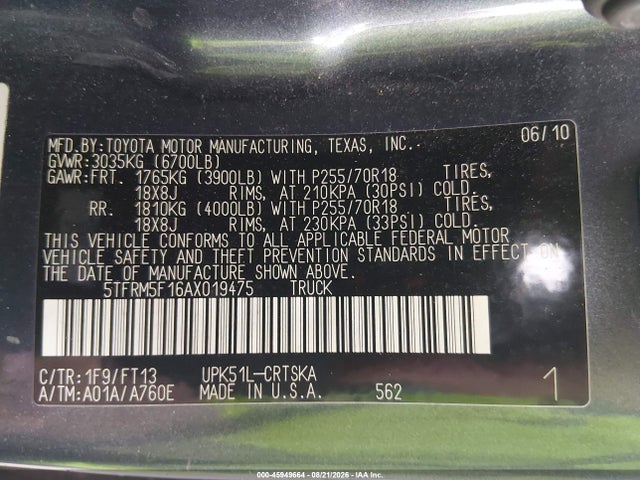 2010 Toyota Tundra Grade 4.6l V8 მანქანა იყიდება აუქციონზე, vin: 5TFRM5F16AX019475, აუქციონის ნომერი: 45949664