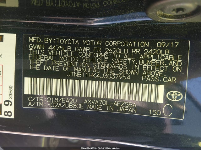Aukcja sprzedaży 2018 Toyota Camry Se, vin: JTNB11HK4J3037954, numer aukcji: 45949670