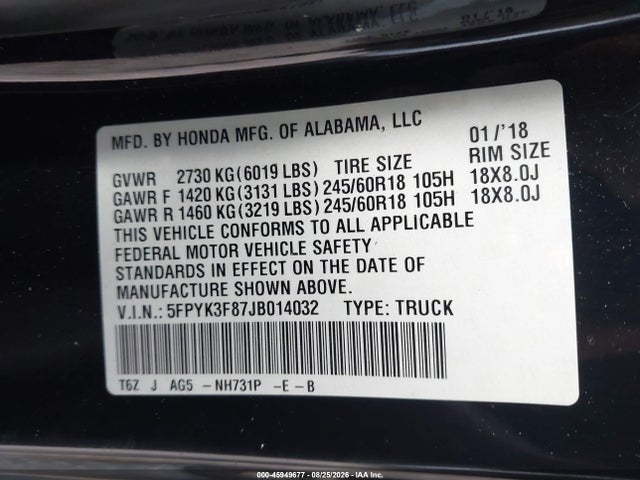 Продажа на аукционе авто 2018 Honda Ridgeline Black Edition, vin: 5FPYK3F87JB014032, номер лота: 45949677