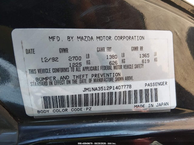 1993 Mazda Mx-5 Miata მანქანა იყიდება აუქციონზე, vin: JM1NA3512P1407778, აუქციონის ნომერი: 45949679