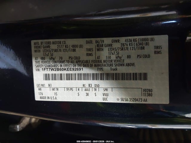 Продаж на аукціоні авто 2019 Ford F-250 Xl, vin: 1FT7W2B60KEE92691, номер лоту: 45949692