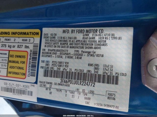 45949698 :رقم المزاد ، 3FA6P0LU0LR224772 vin ، 2020 Ford Fusion Hybrid Se مزاد بيع