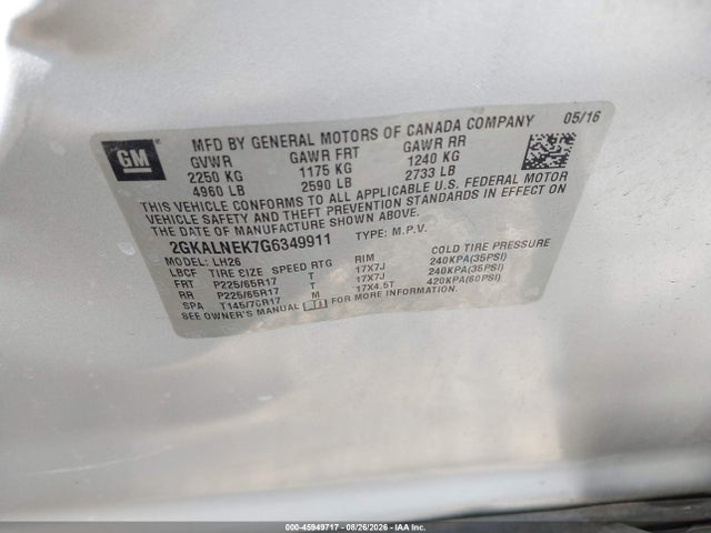 2016 Gmc Terrain Sle-2 მანქანა იყიდება აუქციონზე, vin: 2GKALNEK7G6349911, აუქციონის ნომერი: 45949717