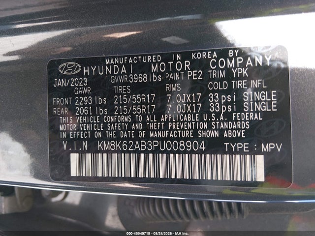 45949718 :رقم المزاد ، KM8K62AB3PU008904 vin ، 2023 Hyundai Kona Sel مزاد بيع