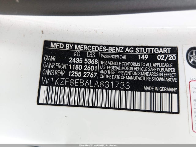 45949732 :رقم المزاد ، W1KZF8EB6LA831733 vin ، 2020 Mercedes-benz E 350 4matic مزاد بيع