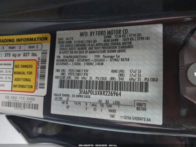 45949735 :رقم المزاد ، 3FA6P0LUXKR226964 vin ، 2019 Ford Fusion Hybrid Se مزاد بيع