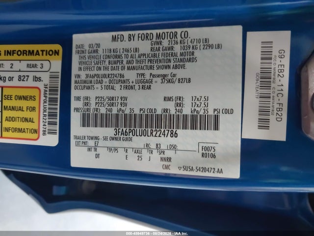 45949736 :رقم المزاد ، 3FA6P0LU0LR224786 vin ، 2020 Ford Fusion Hybrid Se مزاد بيع
