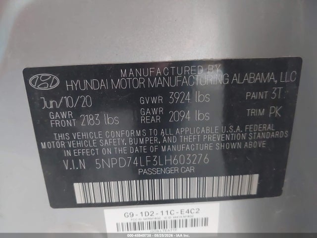 45949738 :رقم المزاد ، 5NPD74LF3LH603276 vin ، 2020 Hyundai Elantra Se مزاد بيع