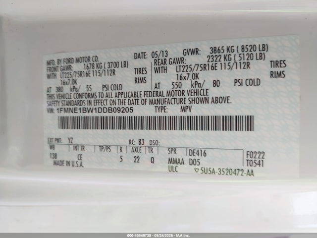 45949739 :رقم المزاد ، 1FMNE1BW1DDB09205 vin ، 2013 Ford E-150 Xl/xlt مزاد بيع