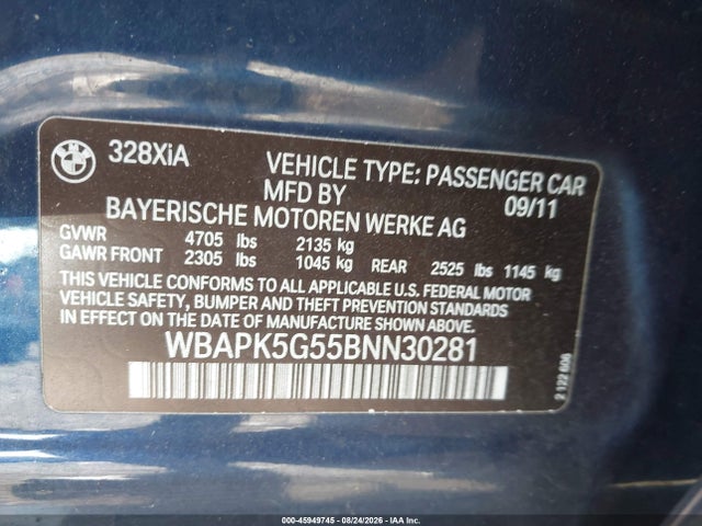 2011 Bmw 328i Xdrive მანქანა იყიდება აუქციონზე, vin: WBAPK5G55BNN30281, აუქციონის ნომერი: 45949745