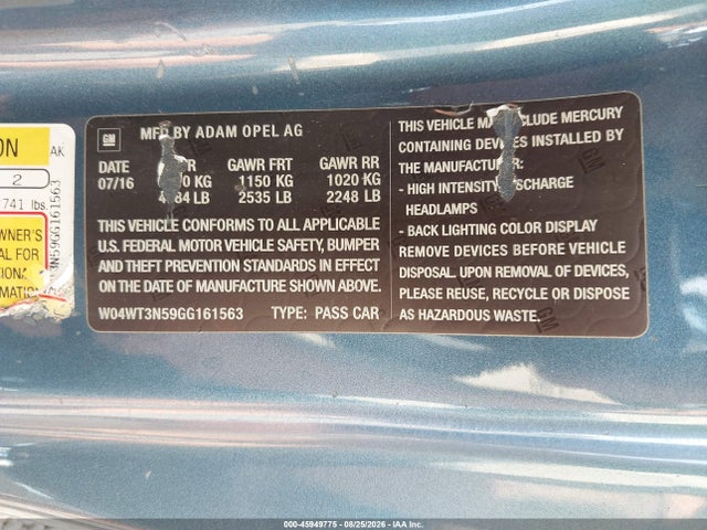 Aukcja sprzedaży 2016 Buick Cascada Premium, vin: W04WT3N59GG161563, numer aukcji: 45949775