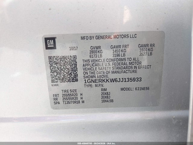 45949785 :رقم المزاد ، 1GNERKKW6JJ135933 vin ، 2018 Chevrolet Traverse Premier مزاد بيع