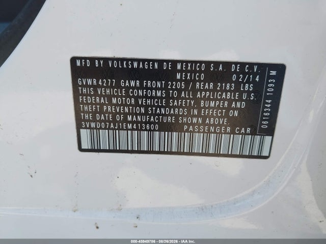 2014 Volkswagen Jetta 1.8t Se მანქანა იყიდება აუქციონზე, vin: 3VWD07AJ1EM413600, აუქციონის ნომერი: 45949786