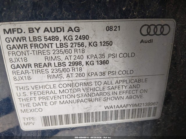 WA1AAAFY9M2138967 Audi Q5 Premium 45 Tfsi Quattro S Tronic
