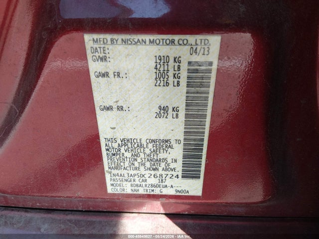 Продаж на аукціоні авто 2013 Nissan Altima 2.5 S, vin: 1N4AL3AP5DC268724, номер лоту: 45949827