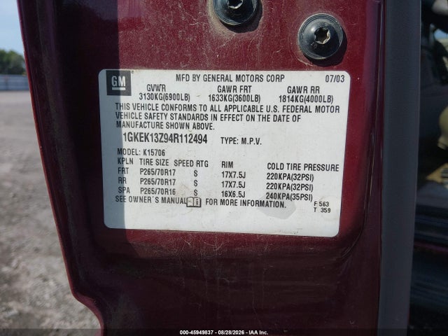 Продаж на аукціоні авто 2004 Gmc Yukon Slt, vin: 1GKEK13Z94R112494, номер лоту: 45949837