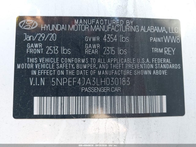 Aukcja sprzedaży 2020 Hyundai Sonata Sel, vin: 5NPEF4JA3LH030183, numer aukcji: 45949838