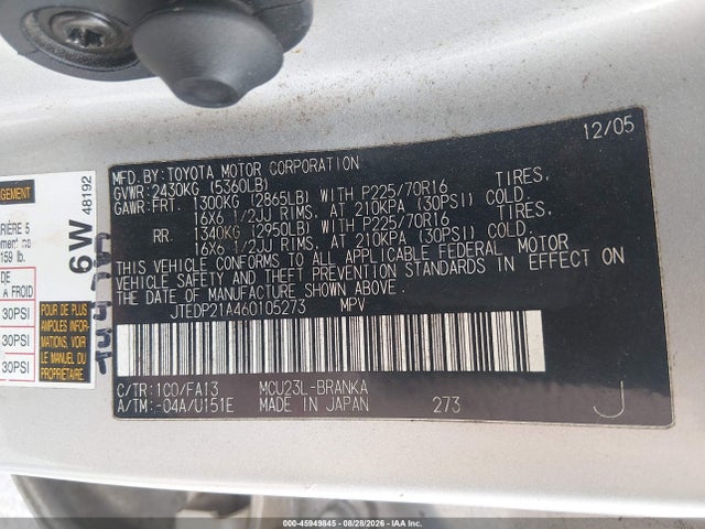 Aukcja sprzedaży 2006 Toyota Highlander V6, vin: JTEDP21A460105273, numer aukcji: 45949845