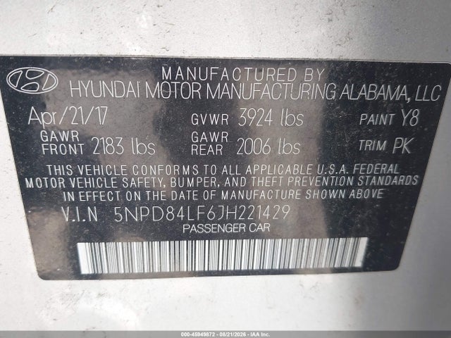 Aukcja sprzedaży 2018 Hyundai Elantra Sel, vin: 5NPD84LF6JH221429, numer aukcji: 45949872