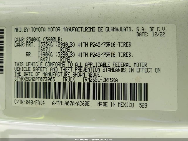 45949881 :رقم المزاد ، 3TYRX5GN2PT073903 vin ، 2023 Toyota Tacoma Sr مزاد بيع