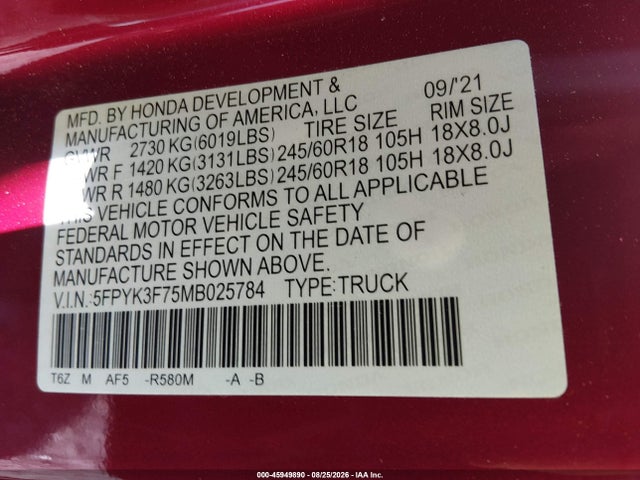 45949890 :رقم المزاد ، 5FPYK3F75MB025784 vin ، 2021 Honda Ridgeline Rtl-e مزاد بيع