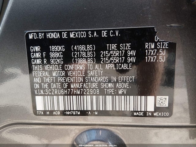 Aukcja sprzedaży 2017 Honda Hr-v Ex-l, vin: 3CZRU6H77HM722908, numer aukcji: 45949909