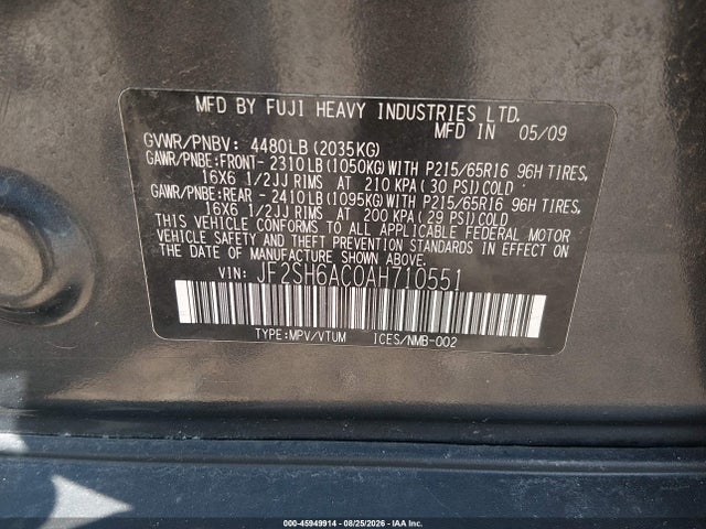 Auction sale of the 2010 Subaru Forester 2.5x, vin: JF2SH6AC0AH710551, lot number: 45949914