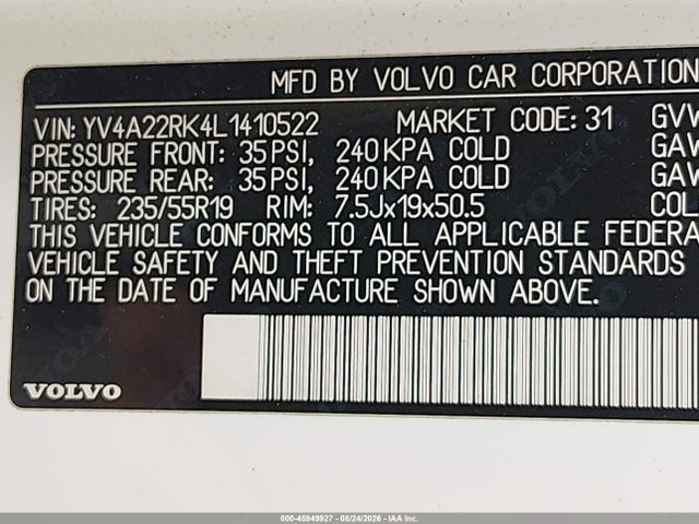Продажа на аукционе авто 2020 Volvo Xc60 T6 Momentum, vin: YV4A22RK4L1410522, номер лота: 45949927