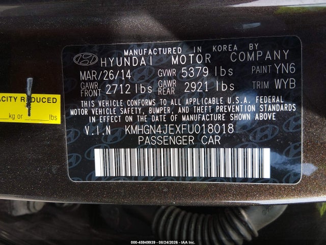 45949939 :رقم المزاد ، KMHGN4JEXFU018018 vin ، 2015 Hyundai Genesis 3.8 مزاد بيع