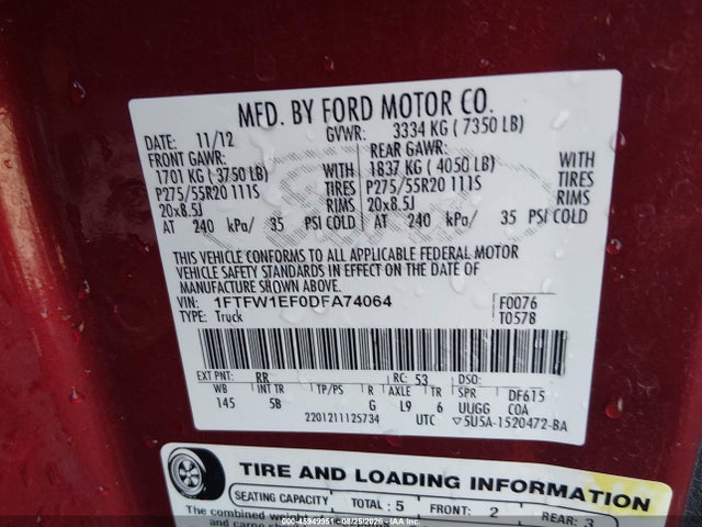 2013 Ford F-150 Fx4 მანქანა იყიდება აუქციონზე, vin: 1FTFW1EF0DFA74064, აუქციონის ნომერი: 45949951