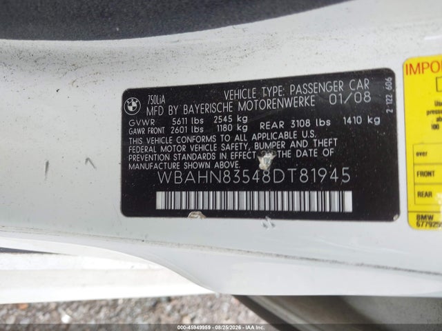 2008 Bmw 750li მანქანა იყიდება აუქციონზე, vin: WBAHN83548DT81945, აუქციონის ნომერი: 45949959