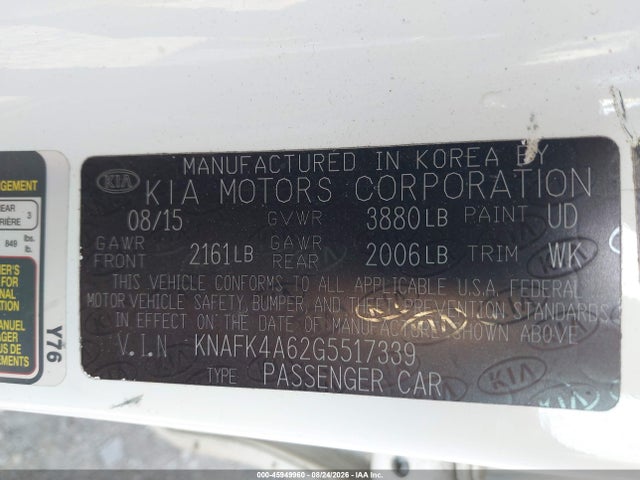 2016 Kia Forte Lx მანქანა იყიდება აუქციონზე, vin: KNAFK4A62G5517339, აუქციონის ნომერი: 45949960