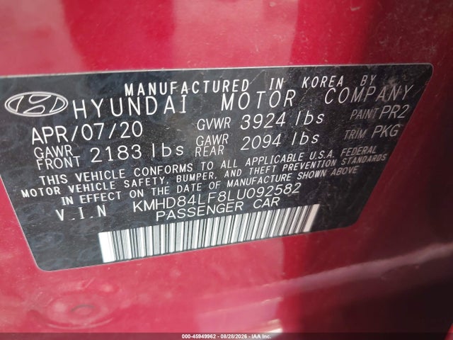 2020 Hyundai Elantra Sel მანქანა იყიდება აუქციონზე, vin: KMHD84LF8LU092582, აუქციონის ნომერი: 45949962
