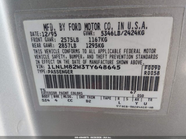 45949979 :رقم المزاد ، 1LNLM82W3TY648645 vin ، 1996 Lincoln Town Car Sgn/dmnd Anv/cypress/jn مزاد بيع
