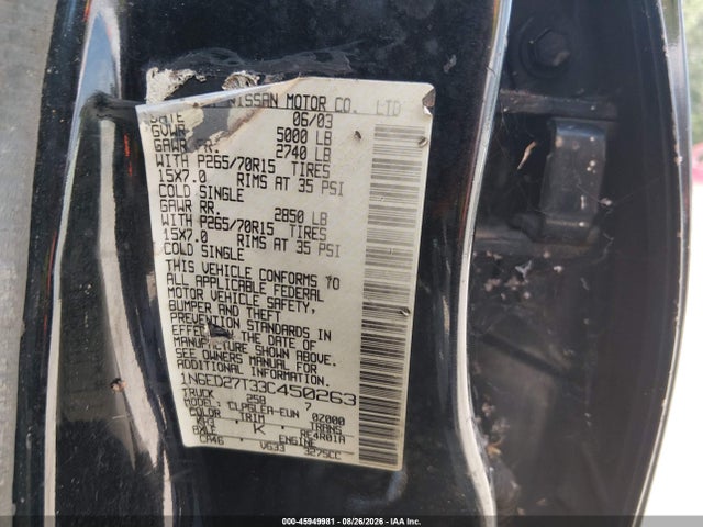 45949981 :رقم المزاد ، 1N6ED27T33C450263 vin ، 2003 Nissan Frontier Xe-v6 مزاد بيع