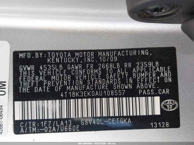 45949984 :رقم المزاد ، 4T1BK3EK0AU108557 vin ، 2010 Toyota Camry Xle V6 مزاد بيع