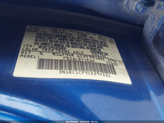 45949988 :رقم المزاد ، 3N1BC1CP9CK294531 vin ، 2012 Nissan Versa 1.8 S مزاد بيع
