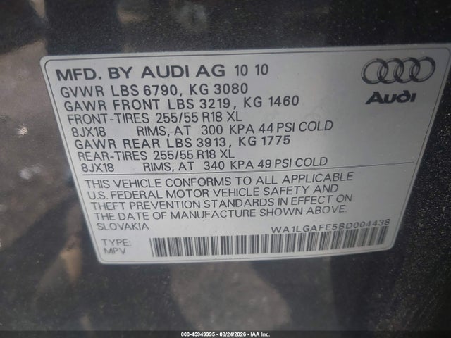45949995 :رقم المزاد ، WA1LGAFE5BD004438 vin ، 2011 Audi Q7 3.0t Premium مزاد بيع