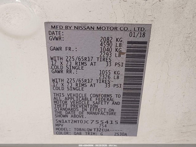 Продаж на аукціоні авто 2018 Nissan Rogue Sv, vin: 5N1AT2MT0JC755415, номер лоту: 45949996
