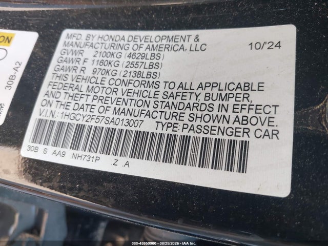 2025 Honda Accord Hybrid Sport მანქანა იყიდება აუქციონზე, vin: 1HGCY2F57SA013007, აუქციონის ნომერი: 45950000