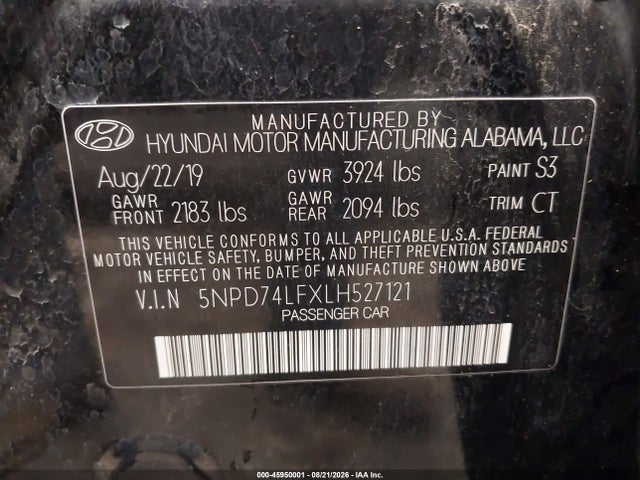45950001 :رقم المزاد ، 5NPD74LFXLH527121 vin ، 2020 Hyundai Elantra Se مزاد بيع