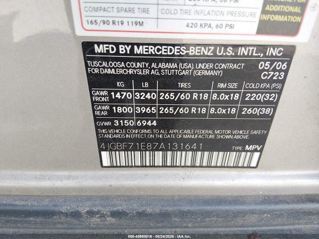 45950016 :رقم المزاد ، 4JGBF71E87A131641 vin ، 2007 Mercedes-benz Gl 450 4matic مزاد بيع