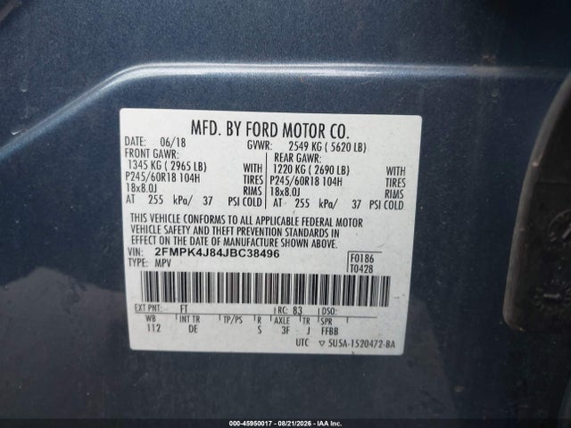 Продажа на аукционе авто 2018 Ford Edge Sel, vin: 2FMPK4J84JBC38496, номер лота: 45950017