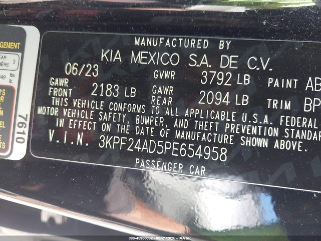45950032 :رقم المزاد ، 3KPF24AD5PE654958 vin ، 2023 Kia Forte Lxs مزاد بيع